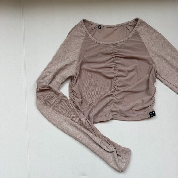Gymshark Ruched Mesh Long Sleeve Crop Top – Taupe/Mauve Seamless - Picture 2 of 4